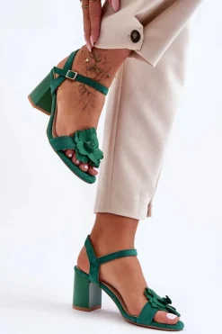 Zamszowe Sandały Z Kwiatem S.Barski 04 Zielone