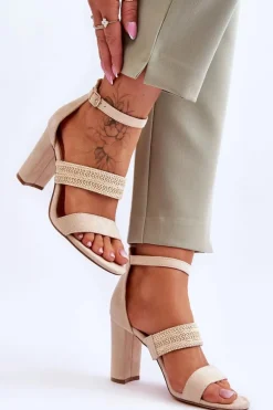 Zamszowe Sandały Z Plecionym Paskiem Na Obcasie Beżowe Roselia