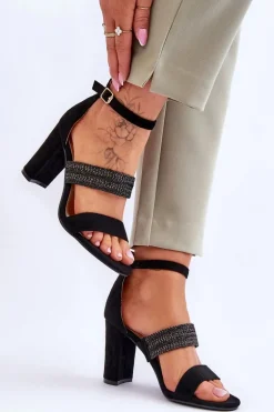 Zamszowe Sandały Z Plecionym Paskiem Na Obcasie Czarne Roselia