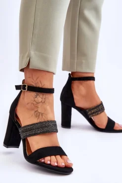 Zamszowe Sandały Z Plecionym Paskiem Na Obcasie Czarne Roselia