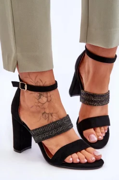 Zamszowe Sandały Z Plecionym Paskiem Na Obcasie Czarne Roselia