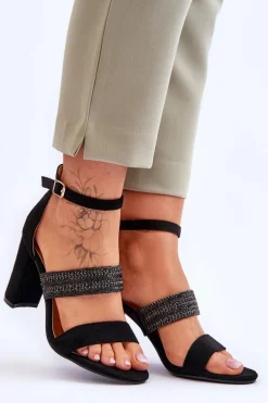 Zamszowe Sandały Z Plecionym Paskiem Na Obcasie Czarne Roselia