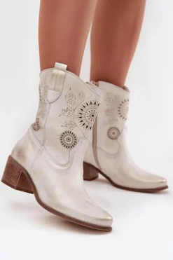 Zamszowe Skórzane Botki Damskie Ażurowe Na Obcasie Zazoo 3844 Złoty Przecierany