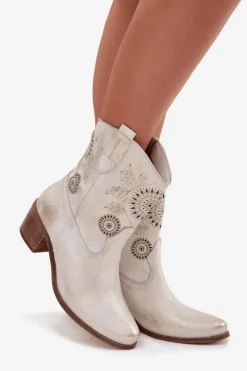 Zamszowe Skórzane Botki Damskie Ażurowe Na Obcasie Zazoo 3844 Złoty Przecierany