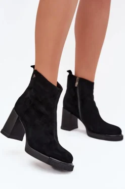 Zamszowe Skórzane Botki Damskie Na Słupku Vinceza 91142 Czarne