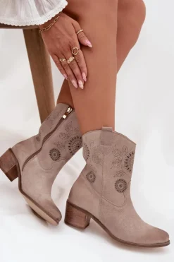 Zamszowe Skórzane Botki Damskie Ażurowe Na Obcasie Zazoo 3844 Cappuccino