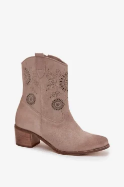 Zamszowe Skórzane Botki Damskie Ażurowe Na Obcasie Zazoo 3844 Cappuccino