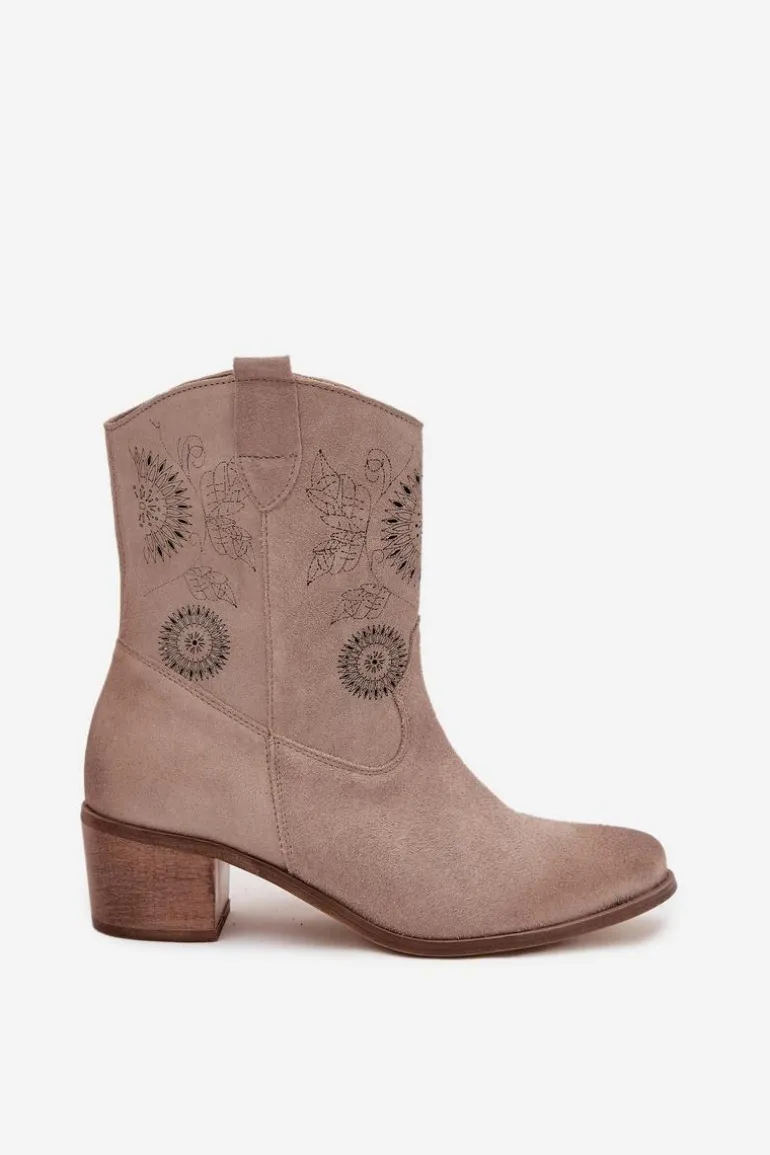 Zamszowe Skórzane Botki Damskie Ażurowe Na Obcasie Zazoo 3844 Cappuccino