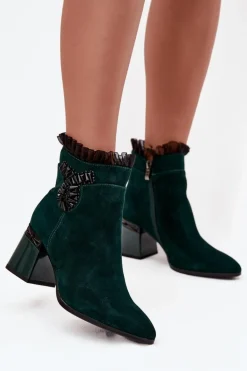 Zamszowe Skórzane Botki Damskie Na Słupku Z Ozdobą Ocieplane D&A MR52-127 Butelkowa Zieleń