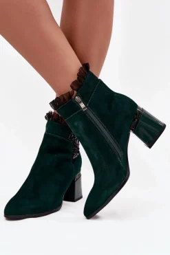 Zamszowe Skórzane Botki Damskie Na Słupku Z Ozdobą Ocieplane D&A MR52-127 Butelkowa Zieleń