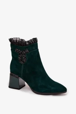 Zamszowe Skórzane Botki Damskie Na Słupku Z Ozdobą Ocieplane D&A MR52-127 Butelkowa Zieleń