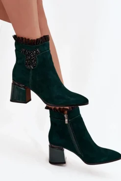 Zamszowe Skórzane Botki Damskie Na Słupku Z Ozdobą Ocieplane D&A MR52-127 Butelkowa Zieleń