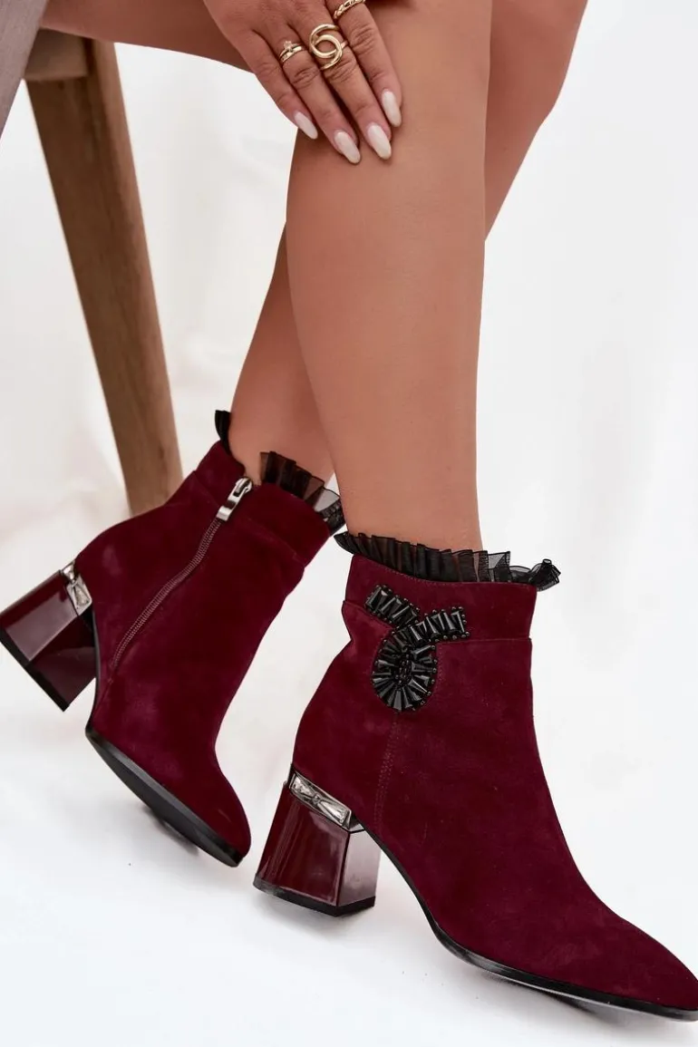 Zamszowe Skórzane Botki Damskie Na Słupku Z Ozdobą Ocieplane D&A MR52-127 Bordowe