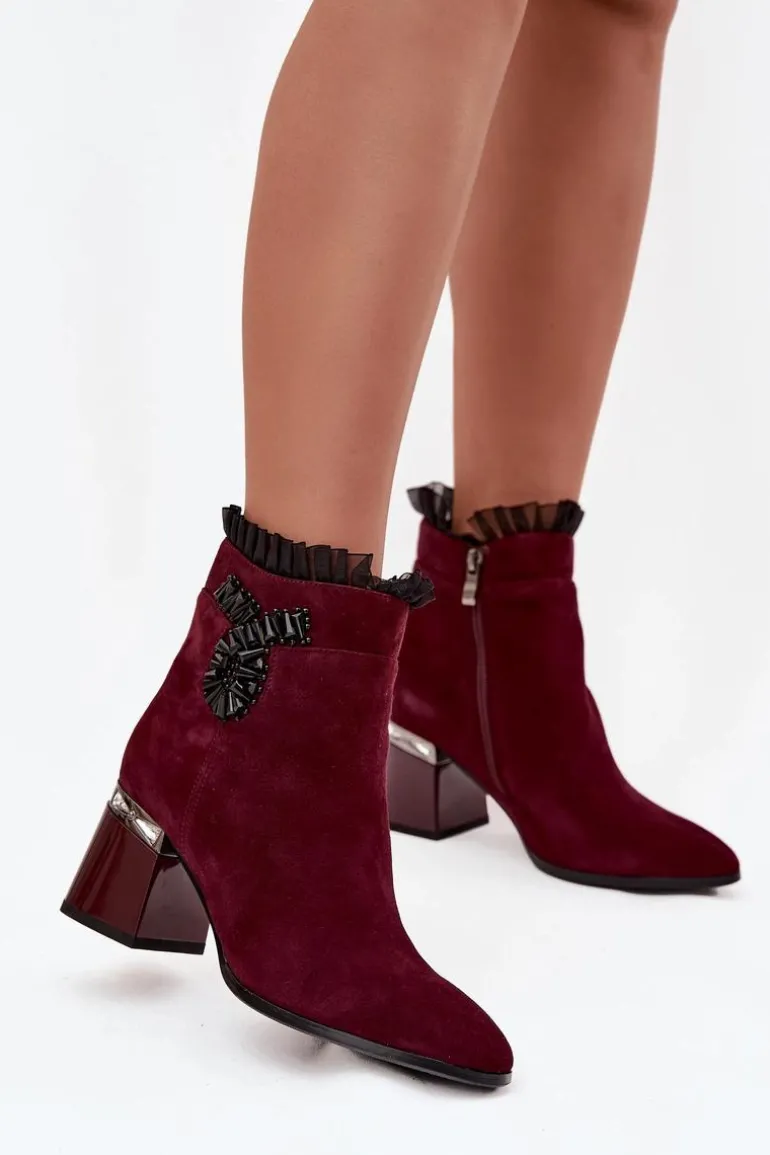 Zamszowe Skórzane Botki Damskie Na Słupku Z Ozdobą Ocieplane D&A MR52-127 Bordowe