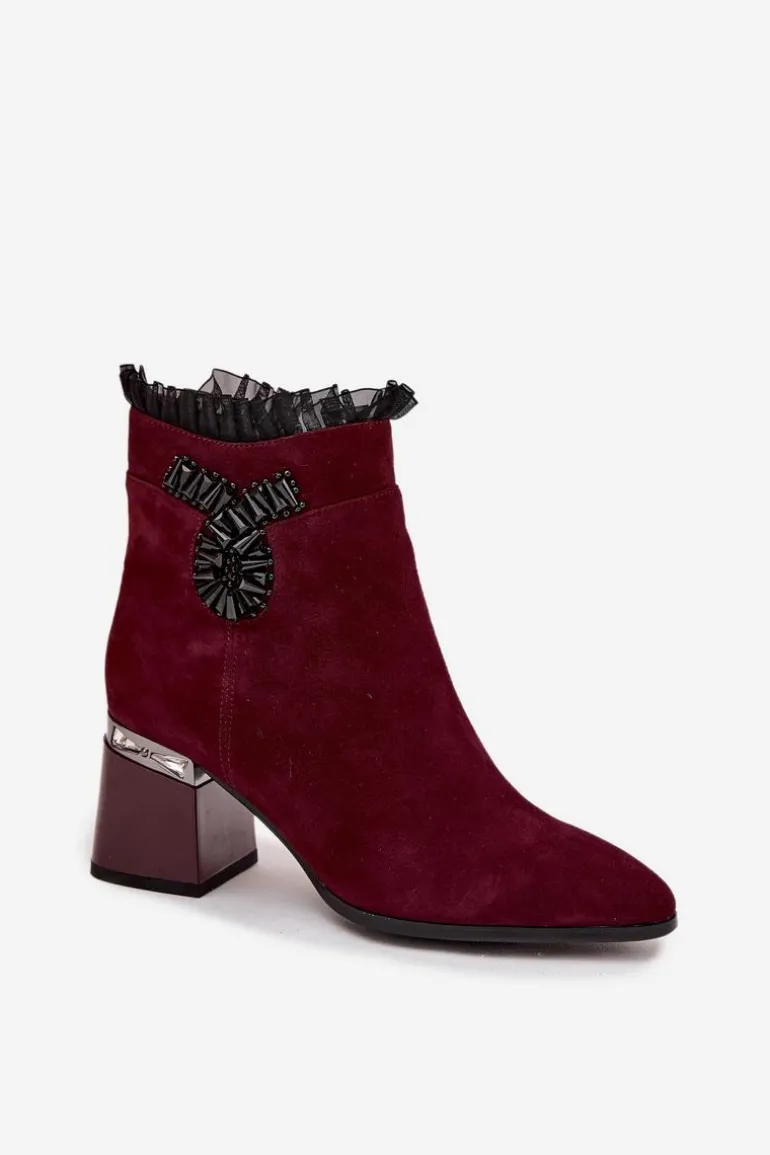 Zamszowe Skórzane Botki Damskie Na Słupku Z Ozdobą Ocieplane D&A MR52-127 Bordowe
