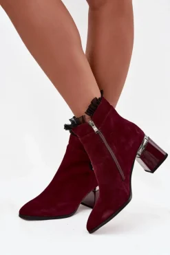 Zamszowe Skórzane Botki Damskie Na Słupku Z Ozdobą Ocieplane D&A MR52-127 Bordowe