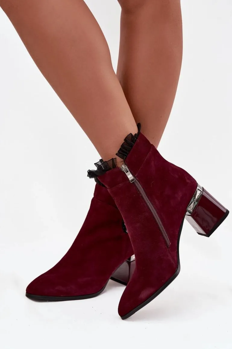 Zamszowe Skórzane Botki Damskie Na Słupku Z Ozdobą Ocieplane D&A MR52-127 Bordowe
