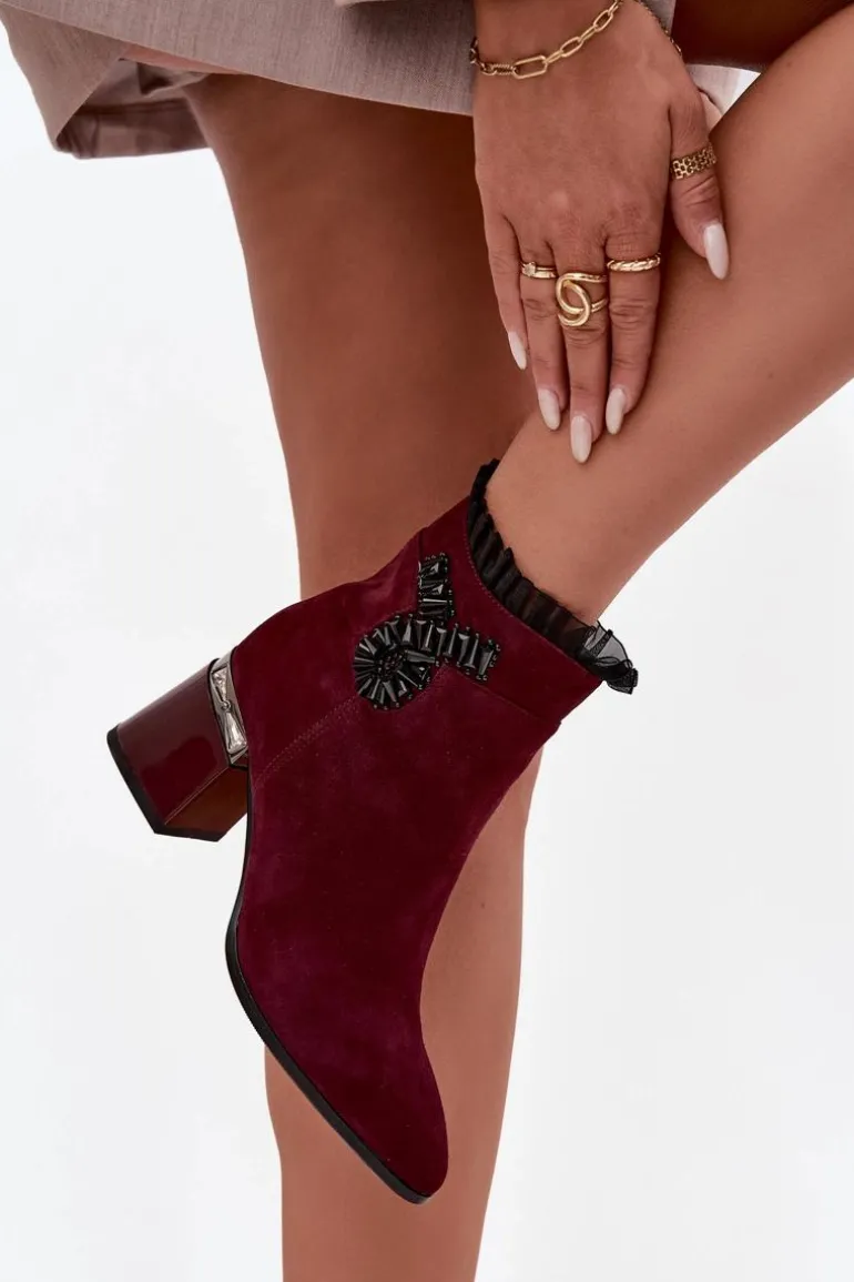 Zamszowe Skórzane Botki Damskie Na Słupku Z Ozdobą Ocieplane D&A MR52-127 Bordowe