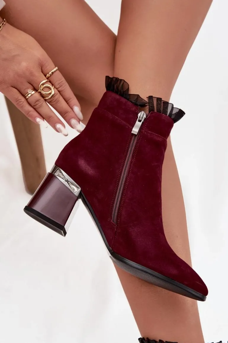 Zamszowe Skórzane Botki Damskie Na Słupku Z Ozdobą Ocieplane D&A MR52-127 Bordowe