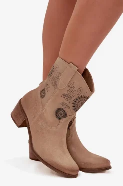 Zamszowe Skórzane Botki Damskie Ażurowe Na Obcasie Zazoo 3844 Beżowe