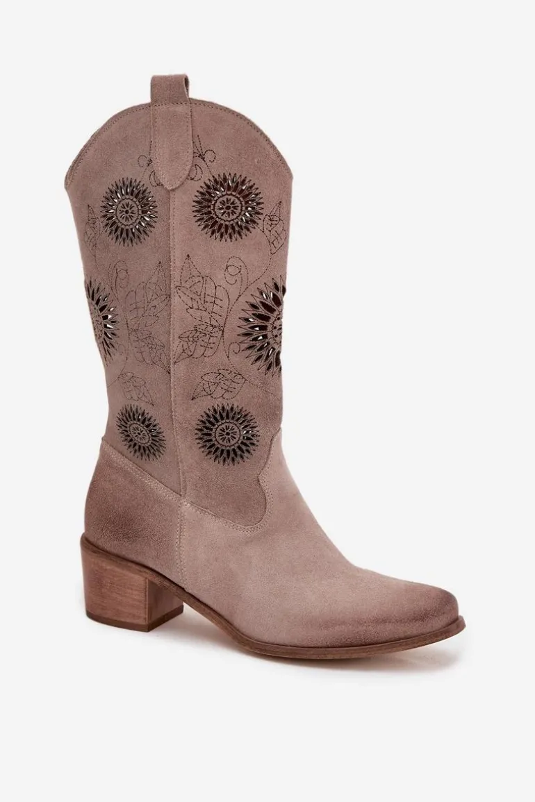 Zamszowe Skórzane Kozaki Damskie Z Ażurowym Wzorem Zazoo 3852 Cappuccino