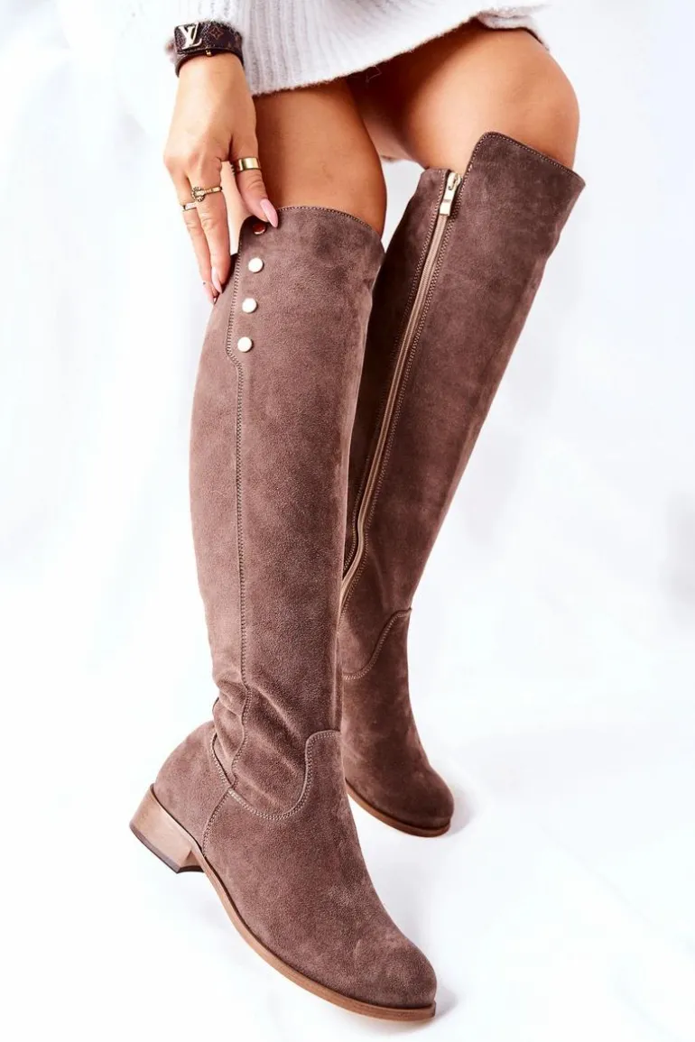 Zamszowe Skórzane Kozaki Lewski 2840 Brązowe