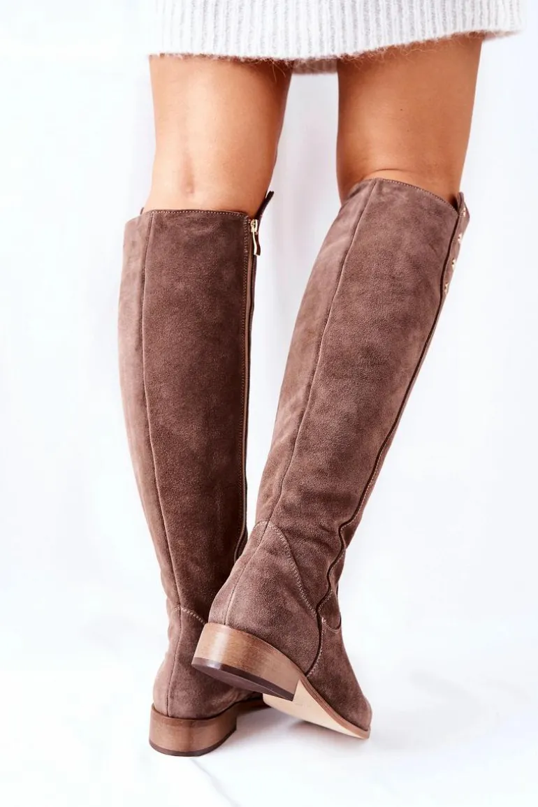 Zamszowe Skórzane Kozaki Lewski 2840 Brązowe