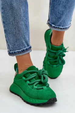 Zamszowe Sneakersy Damskie Z Grubym Sznurowaniem Artiker 55C0099 Zielone