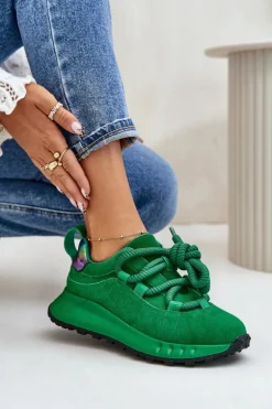 Zamszowe Sneakersy Damskie Z Grubym Sznurowaniem Artiker 55C0099 Zielone