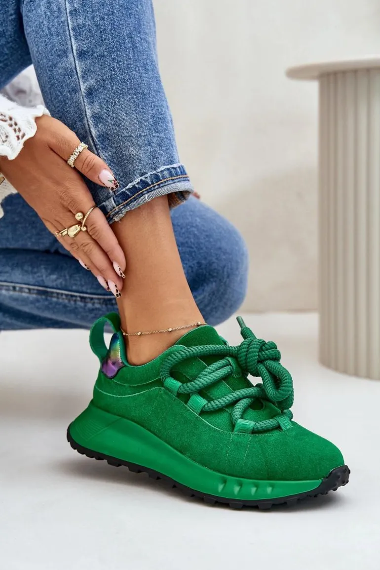 Zamszowe Sneakersy Damskie Z Grubym Sznurowaniem Artiker 55C0099 Zielone