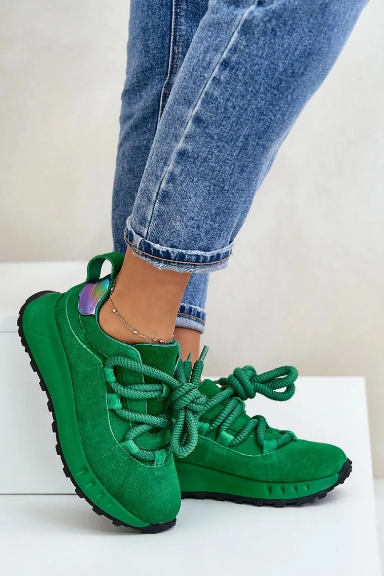 Zamszowe Sneakersy Damskie Z Grubym Sznurowaniem Artiker 55C0099 Zielone
