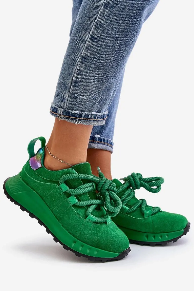 Zamszowe Sneakersy Damskie Z Grubym Sznurowaniem Artiker 55C0099 Zielone