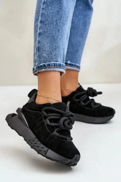 Zamszowe Sneakersy Damskie Na Platformie Z Grubym Sznurowaniem Artiker 54C1464 Czarne