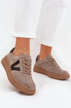 Zamszowe Sneakersy Damskie Na Platformie Vinceza 79562 Ciemnobeżowe