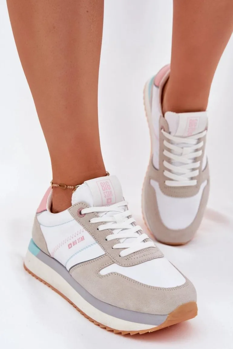 Zamszowe Sneakersy Damskie Big Star RR274A047 HI-POLY SYSTEM Beżowo-Białe