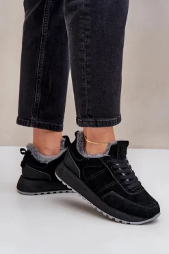 Zamszowe Sneakersy Damskie Z Futerkiem I Błyszczącym Elementem Big Star OO274580 Hi-Poly System Czarne