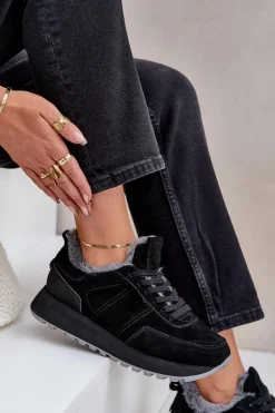 Zamszowe Sneakersy Damskie Z Futerkiem I Błyszczącym Elementem Big Star OO274580 Hi-Poly System Czarne