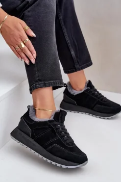 Zamszowe Sneakersy Damskie Z Futerkiem I Błyszczącym Elementem Big Star OO274580 Hi-Poly System Czarne