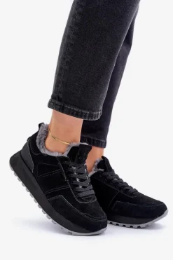 Zamszowe Sneakersy Damskie Z Futerkiem I Błyszczącym Elementem Big Star OO274580 Hi-Poly System Czarne