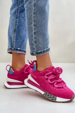 Zamszowe Sneakersy Damskie Na Platformie Z Grubym Sznurowaniem Artiker 55C0086 Fuksja