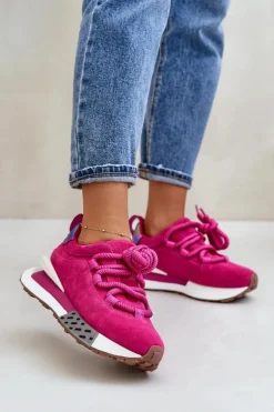 Zamszowe Sneakersy Damskie Na Platformie Z Grubym Sznurowaniem Artiker 55C0086 Fuksja