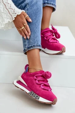 Zamszowe Sneakersy Damskie Na Platformie Z Grubym Sznurowaniem Artiker 55C0086 Fuksja