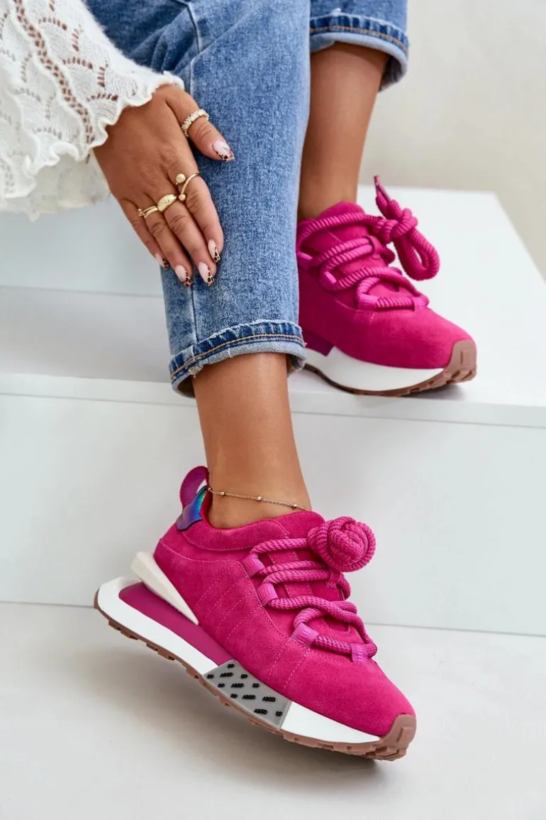 Zamszowe Sneakersy Damskie Na Platformie Z Grubym Sznurowaniem Artiker 55C0086 Fuksja