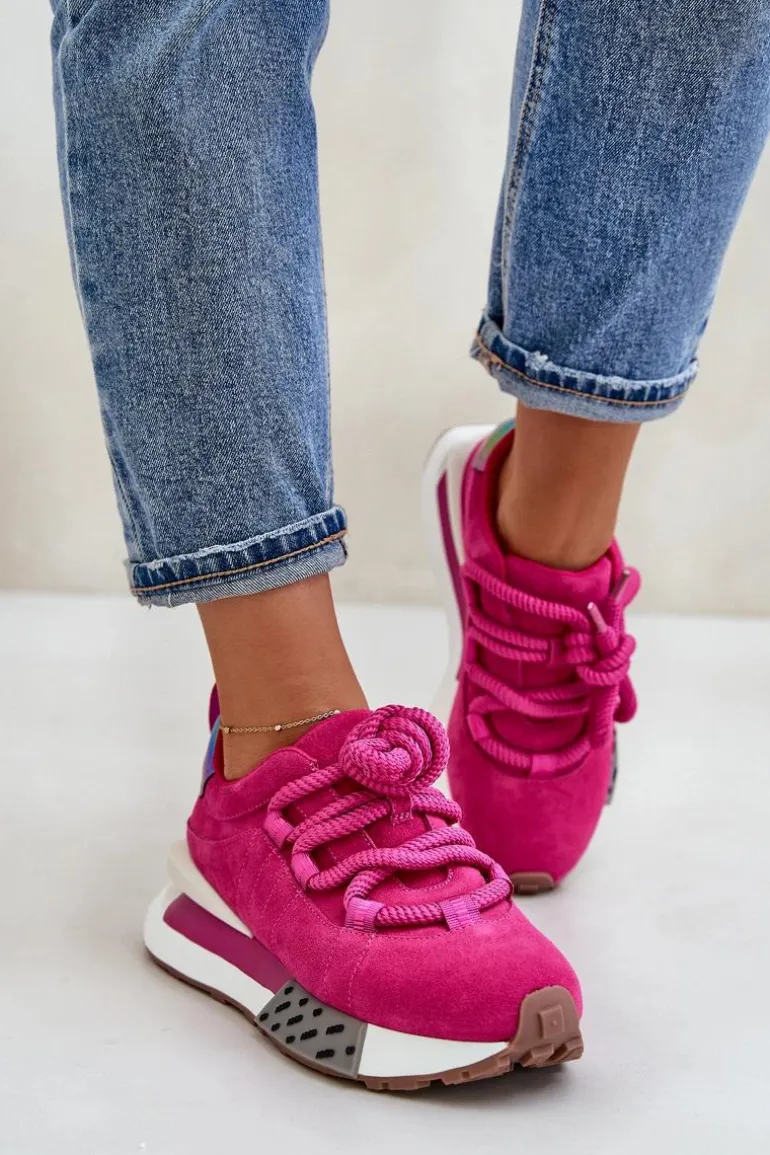 Zamszowe Sneakersy Damskie Na Platformie Z Grubym Sznurowaniem Artiker 55C0086 Fuksja