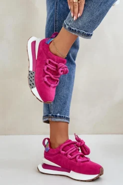 Zamszowe Sneakersy Damskie Na Platformie Z Grubym Sznurowaniem Artiker 55C0086 Fuksja