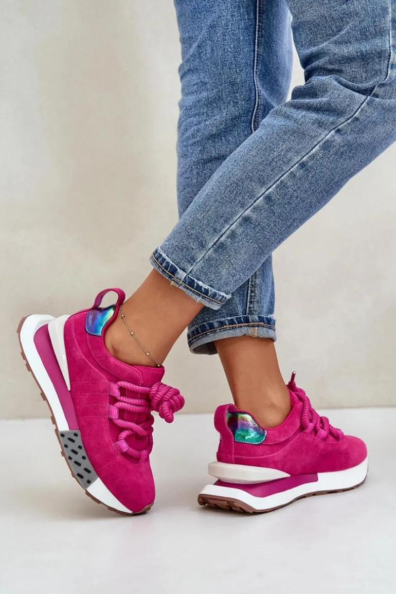 Zamszowe Sneakersy Damskie Na Platformie Z Grubym Sznurowaniem Artiker 55C0086 Fuksja