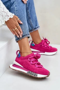 Zamszowe Sneakersy Damskie Na Platformie Z Grubym Sznurowaniem Artiker 55C0086 Fuksja