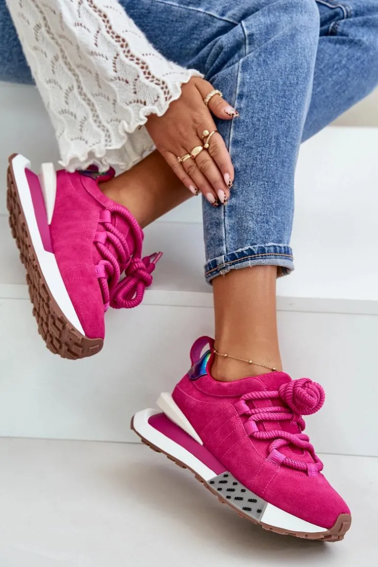 Zamszowe Sneakersy Damskie Na Platformie Z Grubym Sznurowaniem Artiker 55C0086 Fuksja