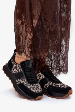 Zamszowe Sneakersy Damskie Na Platformie Panterka Vinceza 66793 Czarne