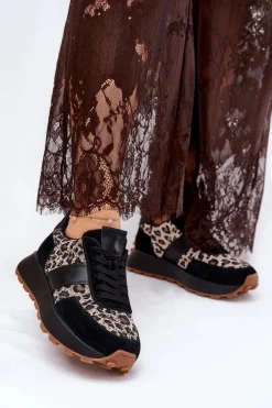 Zamszowe Sneakersy Damskie Na Platformie Panterka Vinceza 66793 Czarne